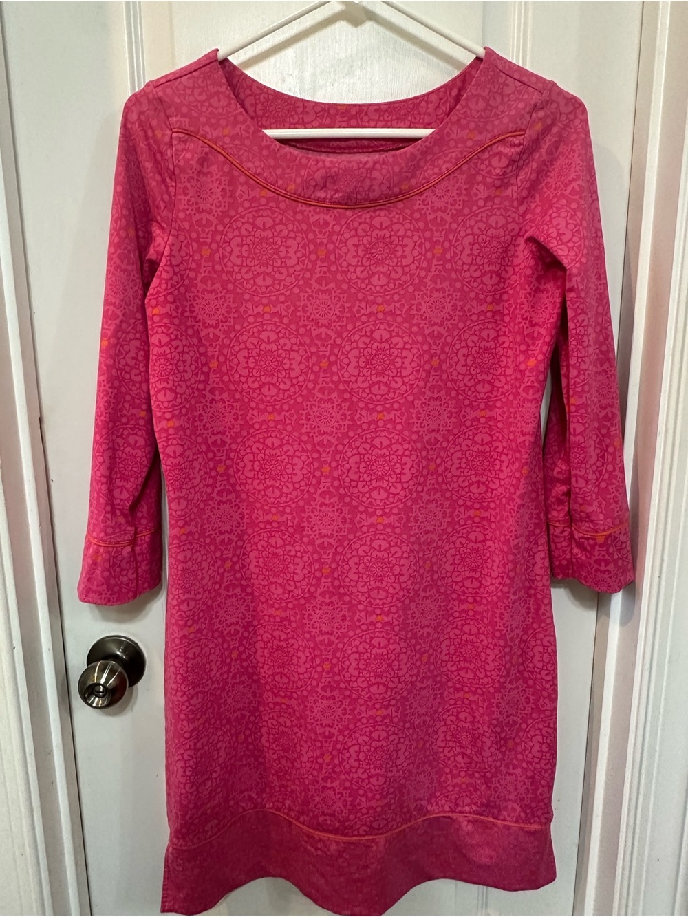 Land’s End Dress Pink Orange Print Stretch Nylon Shift 3/4 Sleeve XS (2-4)